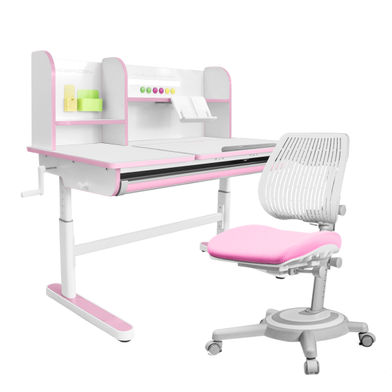 Комплект Kinderzen Gaudi Plus парта + кресло белый/розовый с розовым креслом Ergoback